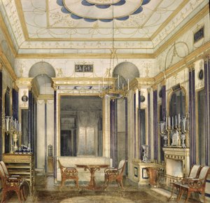 Kejserinde Maria Alexandrovnas tegnestue i Det Store Palais i Tsarskoye Selo (wc, gouache og blæk på papir) af Eduard Hau