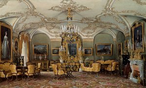 Udsigt over Salonen af Alexandra Fyodorovna (Fedorovna eller Feodorovna eller Charlotte af Preussen (1798-1860)), kone til zar Nicholas I på Gatchina Palace. Akvarel tilskrevet Eduard (Edouard) Hau (1807-1870) Sankt Petersborg fra det 19. århundrede, Eremi