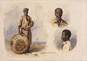 Tre portrætter af afro-brasilianere: helfigur, stående med en kurv, et brystbillede af en mand set forfra og et af en dreng set i profil