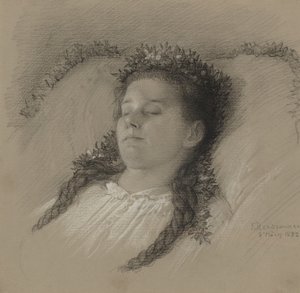 En pige på sit dødsleje med en krone af blomster af Eduard Julius Friedrich Bendemann