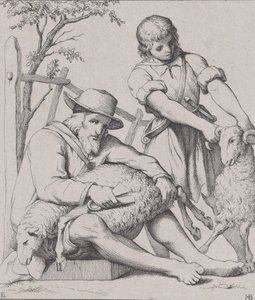 To mænd fåreklipning, ca. 1842. af Eduard Julius Friedrich Bendemann