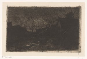 Landskab med huse og mølle om natten af Eduard Karsen (signed by artist)