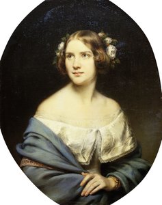 Portræt af Jenny Lind, stående halvlængde i en hvid kjole og et lyseblåt sjal,