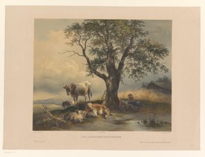Figurer med kvæg hvilende i et landskab Des Landmanns Mittagsruhe (titel på objekt) af Eduard Weixlgärtner