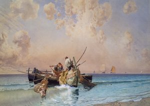 Tilbage fra fiskeri, af Eduardo Dalbono (1841-1915), olie på lærred, 53x73 cm