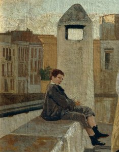 Terrassen, af Edoardo Dalbono (1841-1915), olie på panel, 45x30 cm. Detalje.