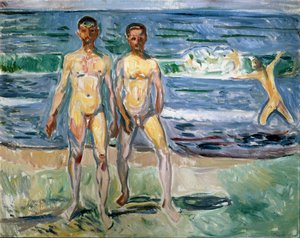 Badende Maleri af Edvard Munch (1863-1944) 1940-1942 Søn. 149,5x120 cm Wien, Kunsthistorisches Museum, Nue Gallery in der Stallburg af Edvard Munch
