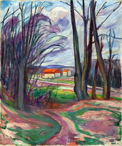 Landskab ved Skoyen (Oslo, Norge). Maleri af Edvard Munch (1863-1944), olie på lærred, omkring 1920. Norsk kunst, 1900-tallet, ekspressionisme. Privat samling. af Edvard Munch