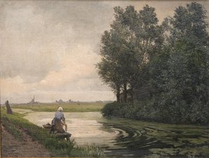 Hollandsk landskab. En pige vasker ved en kanal