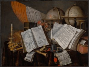 Et Vanitas-stilleben med et flag, lysestage, musikinstrumenter, bøger, skriveudstyr, glober og timeglas af Edwaert Collier