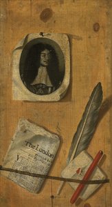Et trompe-l"oeil brevstativ, med en gravering af kong Charles II, en avis, en fjerpen, en kuglepen og en pennekniv af Edwaert Colyer or Collier