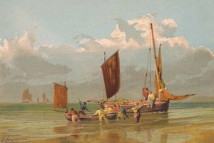 Fiskerbåde på vej ud, ud for Norfolk (farvelitografi)