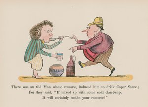 Der var en gammel mand, hvis samvittighedskvaler fik ham til at drikke kapersauce (farvet gravering) af Edward (after) Lear