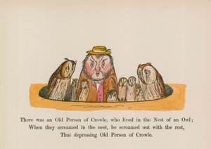 Der var en gammel person fra Crowle, som boede i en uglerede (farvelagt kobberstik) af Edward (after) Lear