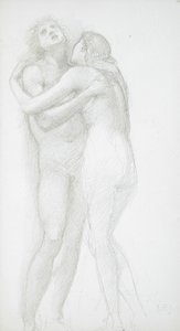 To nøgne figurer, der omfavner hinanden