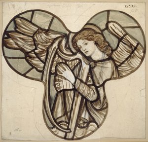 Design til farvet glas i Lyndhurst Church: An Angel Harpist, 1862 (brun og blå skylles over grafit) af Edward Burne Jones