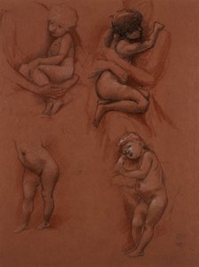 Studier af børn i deres mødres arme, 1887 (sort, rødt og hvidt kridt på rødt papir) af Edward Burne Jones