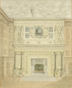 Skorstensstykke, Great Oak Room, Red Lodge (blyant og akvarel på papir) af Edward Cashin