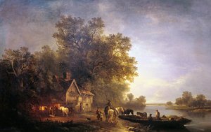 Flodlandskab med rustikker og heste, c1860 af Edward Charles Williams