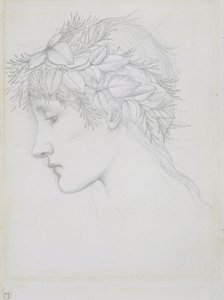 Hoved kronet med blade, ca. 1897 (blyant på papir) af Edward Coley Burne Jones