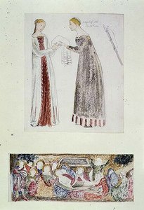 No.1084-f.10 (TtoB) To tjenestepiger, en kopi fra The Birth of Mary af Giovanni da Milano fra Rinuccini-kapellet, Firenze; Klagesangen (akvarel, blyant) af Edward Coley Burne Jones