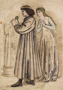 Kohtaus, jossa kuningas Rene veistää hahmoa, kun uusi morsiamensa katselee häntä (kynä ja intiamuste pesuaineella ja lyijykynällä paperilla) af Edward Coley Burne Jones