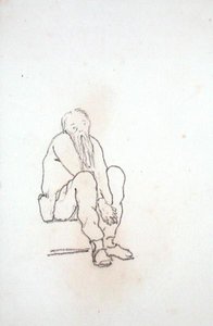 Selvportræt af kunstneren, siddende, med hænderne mellem knæene, fra et album med tegninger (blyant på papir) af Edward Coley Burne Jones