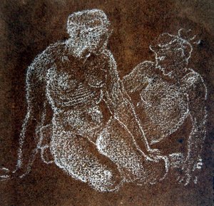 Studie af to siddende kvindelige nøgenbilleder (hvidt kridt på papir) af Edward Coley Burne Jones
