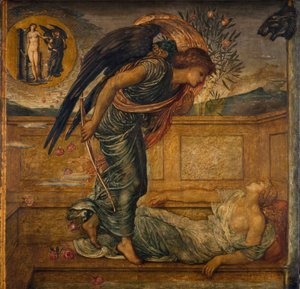 Amor og Psyche - Palads grønne vægmalerier - Amor finder psyke i søvn ved et springvand, 1881 af Edward Burne Jones