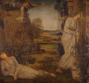 Amor og Psyche - Palace Green Murals - Zephyrus Bearing Psyche to the Mountain, 1881 af Edward Burne Jones