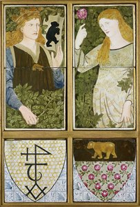King Arthur og Queen Guinevere, seks flisepaneler fremstillet af Morris, Marshall, Faulkner & Co. (keramik) af Edward Burne Jones