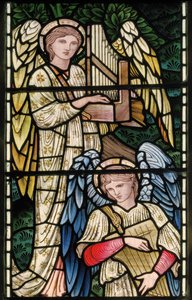 Wilden, All Saints, Morris & Co., Edward Burne-Jones, John Henry Dearle (1859-1932), Paradisets engle, Englemusikanter, detalje, 1902-1914, Louisa, Alfred, The Baldwins, premierminister, metodist, Wo af Edward Coley and Dearle Burne Jones