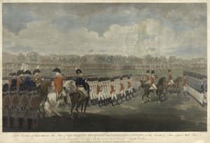 Kongen gennemgår den væbnede forening i Hyde Park den 4. juni 1799, indgraveret af J. Collyer, 1801 (farvet stipple-gravering)