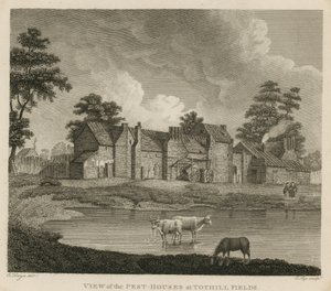 Udsigt over skadedyrshusene ved Tothill Fields, London af Edward Dayes