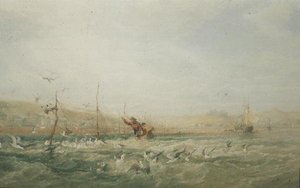 Fiskere, der jager måger fra nettene, Mumbles, South Wales af Edward Duncan