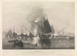 The Hon. E.I. Co. Iron Steam Ship Nemesis, ... med bådene Sulphur, Calliope, Larne og Starling, ødelægger de kinesiske krigsdunke i Anson