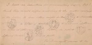 Brev med design til signeter (?) af Edward Francis Burney