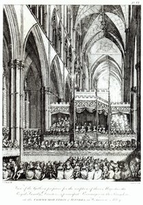 Udsigt over galleriet forberedt til modtagelsen af deres majestæter den kongelige familie, direktører og hovedpersoner i kongeriget ved mindehøjtideligheden af Handel i Westminster Abbey, indgraveret af Joh af Edward Francis Burney