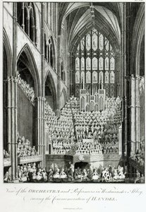 Udsigt over orkestret og udøverne i Westminster Abbey, under Commemoration of Handel, udgivet af Charles Burney, 1785