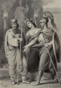 Kriger ledsaget af en kvinde, der henvender sig til en præst i et tempelområde af Edward Francis Burney