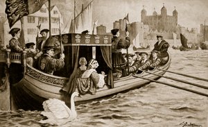 Catherine Howard føres op i tårnet, illustration fra 