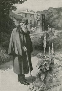 Charles Darwin i sin have ved Down House (litho)