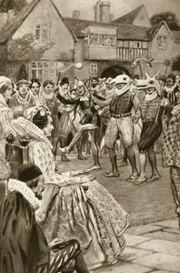Dronning Ellizabeth I bliver underholdt af gøglere (litho)
