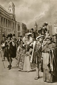 Londons gader: Kong Charles I, dronning Elizabeth I, kong Henry VIII, kardinal Wolsey (litografi) af Edward Frederick Skinner