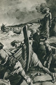 Vikingerne, der sejlede ud fra Norges fjorde og fandt Amerika længe før Columbus (litografi)