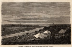 Port Said skibsværfter, på kanten af Suez-kanalen, ved dens udgang fra Lake Menzaleh, tegnet af Grenet, for at illustrere en udflugt til Suez-kanalen i 1862 af Paul Merruau. Indgravering i "" Le tour du monde"", redigeret af Edouard Charton af Edward Grenet