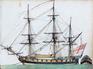 Britisk skib med 20 kanoner, der viser rigning og en skibsbåd, og et separat billede af agterenden, ca. 1780 (akvarel, pen  blæk ) af Edward Gwyn
