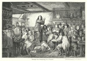 George Fox prædiker i et værtshus (gravering) af Edward Henry (after) Wehnert