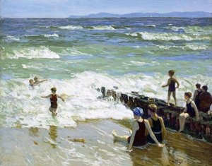 Badegæster ved bølgebryder,