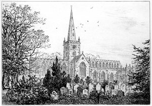 Stratford kirke set fra nord, Stratford-upon-Avon, Warwickshire, 1885. af Edward Hull